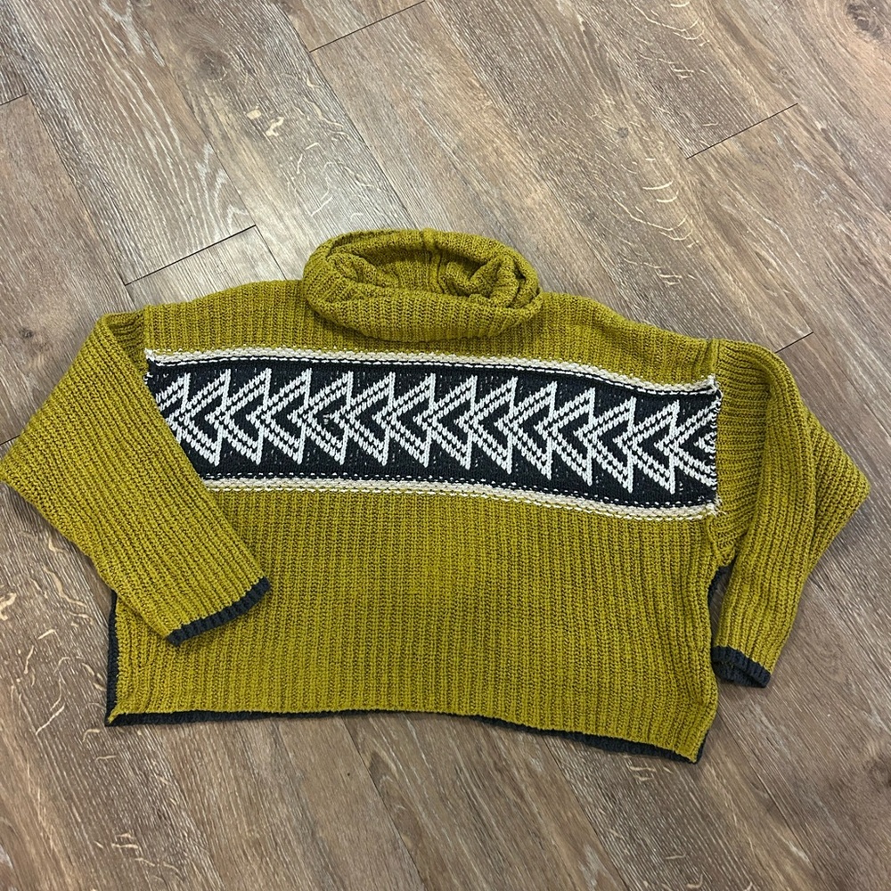 Olive Green Turtleneck Sweater with Black and White Pattern
